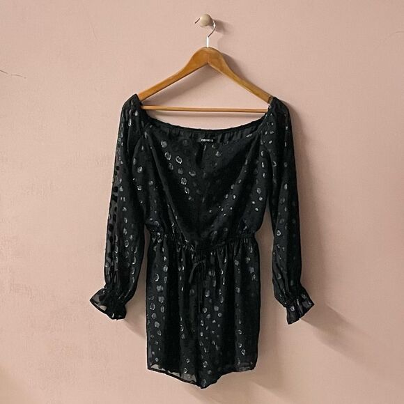 Vintage Y2K Express Black Polka Dotted Long Sleeve Romper Size S EUC - Picture 1 of 12